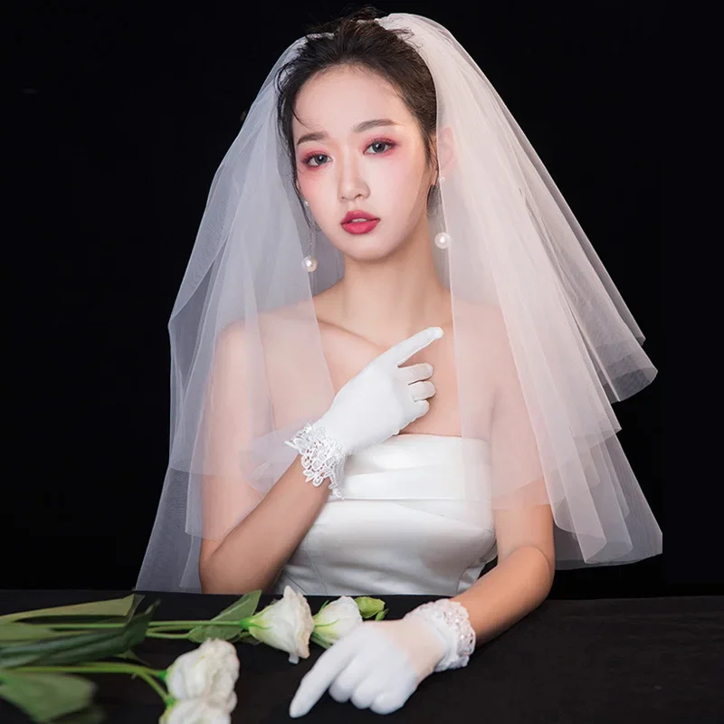 2 Tier Short Wedding Veil with Comb Mesh White Fingertip Bridal Accessories