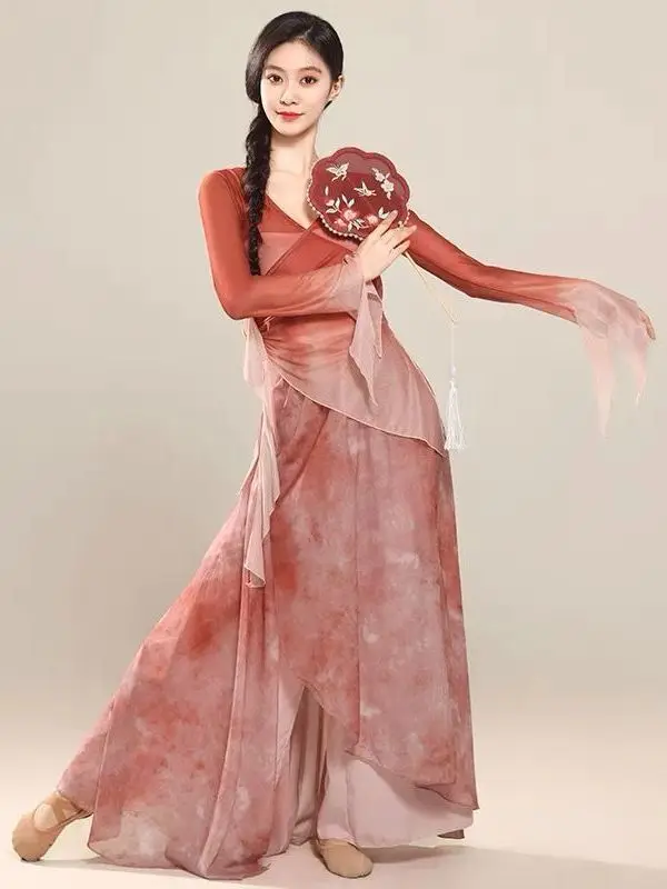 

Chinese Style Classical Dance Costume Woman Body Rhyme Gradient Mesh Gauze Dress Classical Basic Training Clothes