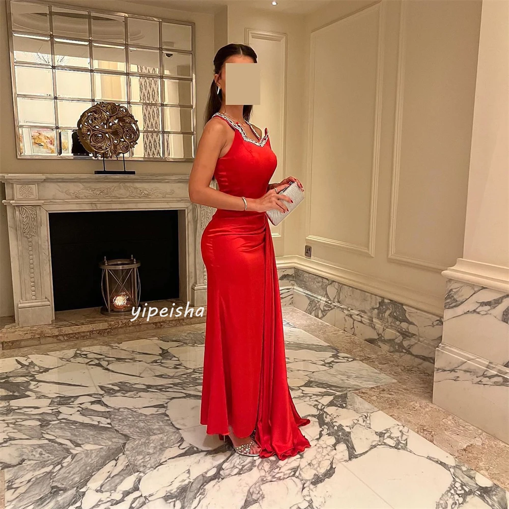 Satin Sequined Beading Ruched Valentine's Day A-line Square Neck Bespoke Occasion Gown Long Dresses