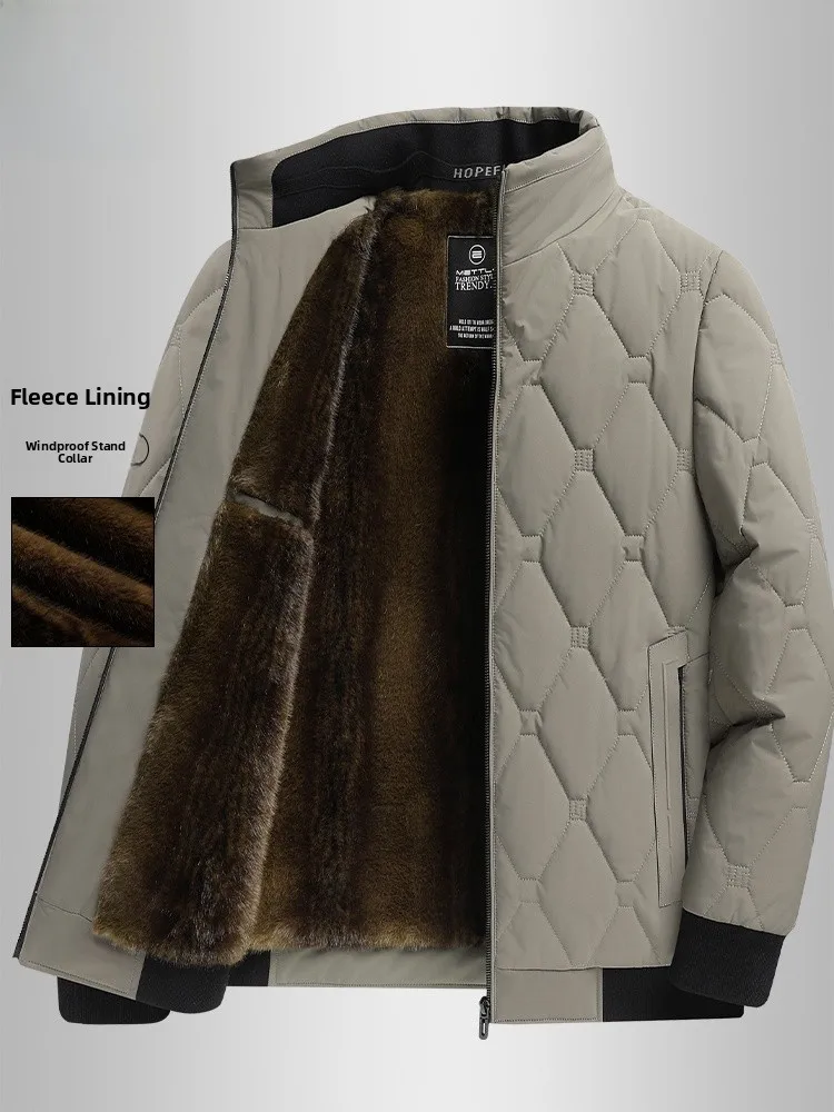 

Warm Thickened Fleece Lined Stand Collar Cotton Jacket for Men Middle Aged And Elderly Winter Outerwear Casual Style Zipper C...