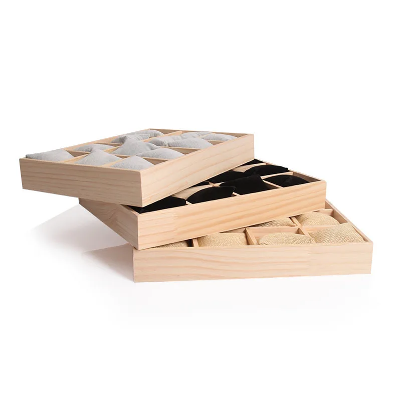 Wood Jewelry Storage Tray 12 Girds Watch Pillow Plate Necklaces Bracelet Bangle Watches Display Holder