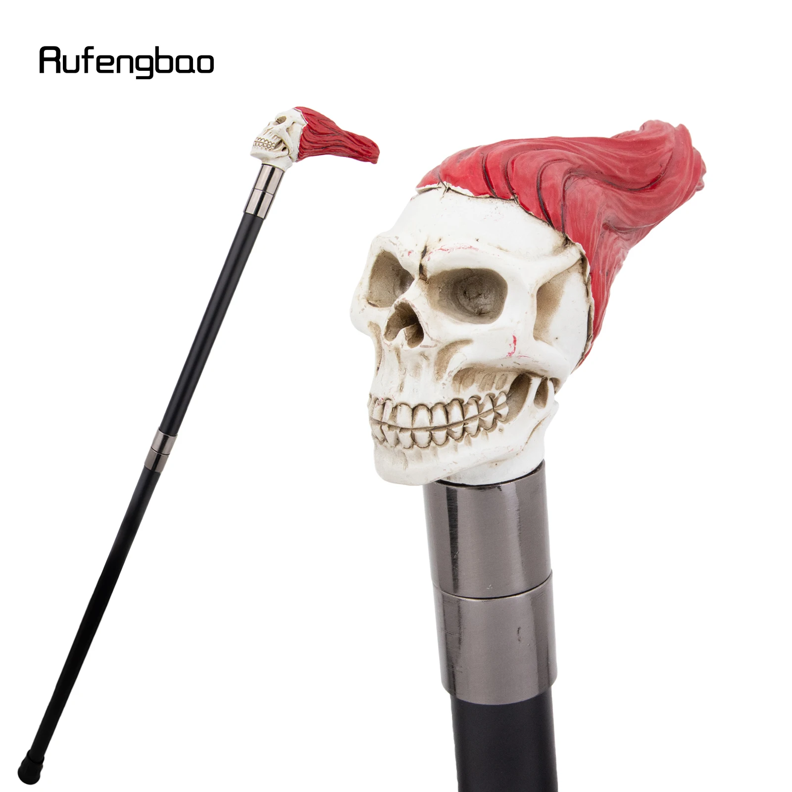

White Resin Skull Head Red Long Hair Walking Cane Fashion Decorative Steel Stick Gentleman Performance Stage Cane 93cm
