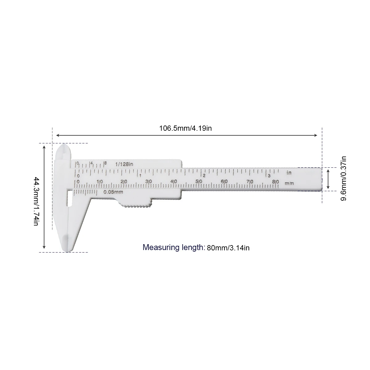 0-80mm Double Scale White Plastic Vernier Caliper with Orange Mini Measurement Tool for Students Antique Measurement