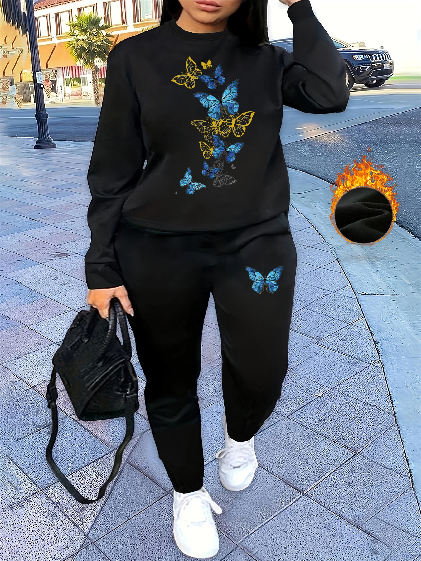 여성용 가을 겨울 힙합 캐주얼 스트리트 패션 나비 그래픽 프린트 라운드 넥 스포츠 셔츠+스포츠 바지 따뜻한 세트