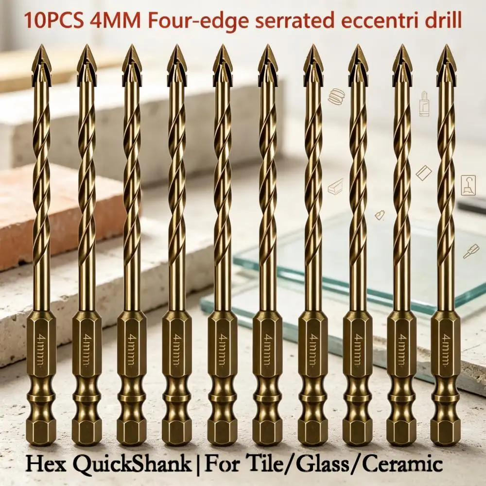 10Pcs 4/5/6/8mm Size Head Ceramic Drill Bit, Four Serrated Edges Dry Drill Bit for Porcelain Tile Marble Concrete Wall Drilling