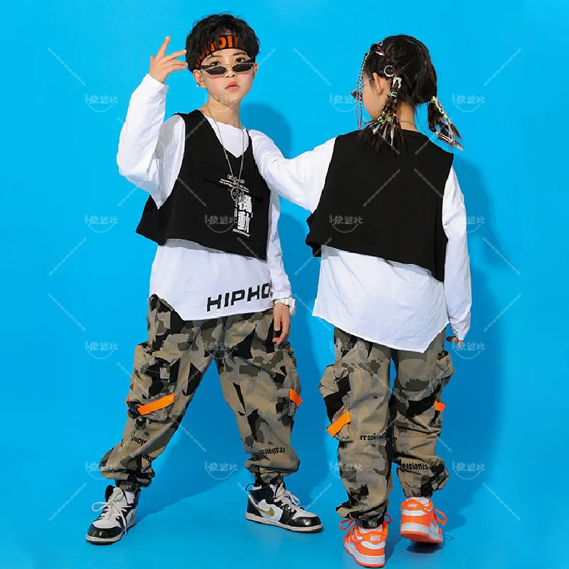 Ragazzi Hip Hop pantaloni mimetici ragazze Jogger bambini gilet felpa Street Dance vestiti set adolescenti Jazz Streetwear costumi per bambini