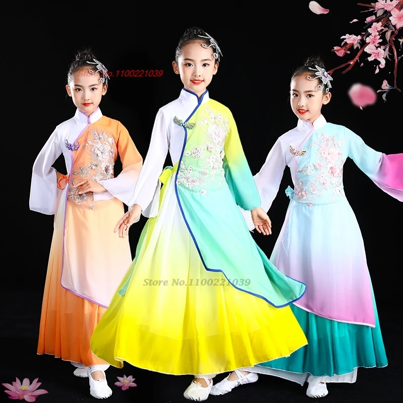 2025年中国子供ヴィンテージドレス民族花刺繍グラデーションカラー袍トップス+パンツフェスティバルステージパフォーマンスドレス