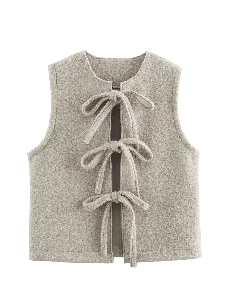 

2024 Autumn/Winter European Style Female Fashion Bow Tie Sleeveless V-Neck Wool Vest Cardigan