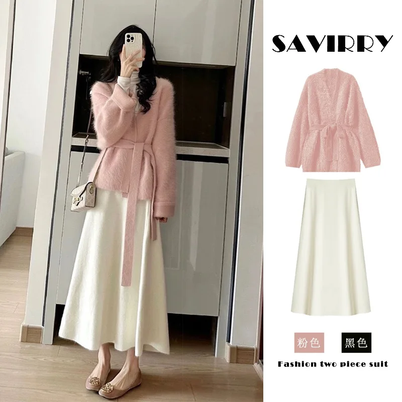 

Sweet Hot Girl Suit Women's Autumn/Winter V-neck Lace-up Knitted Cardigan High-waisted A-line Skirt Two-piece Set Female Clothes