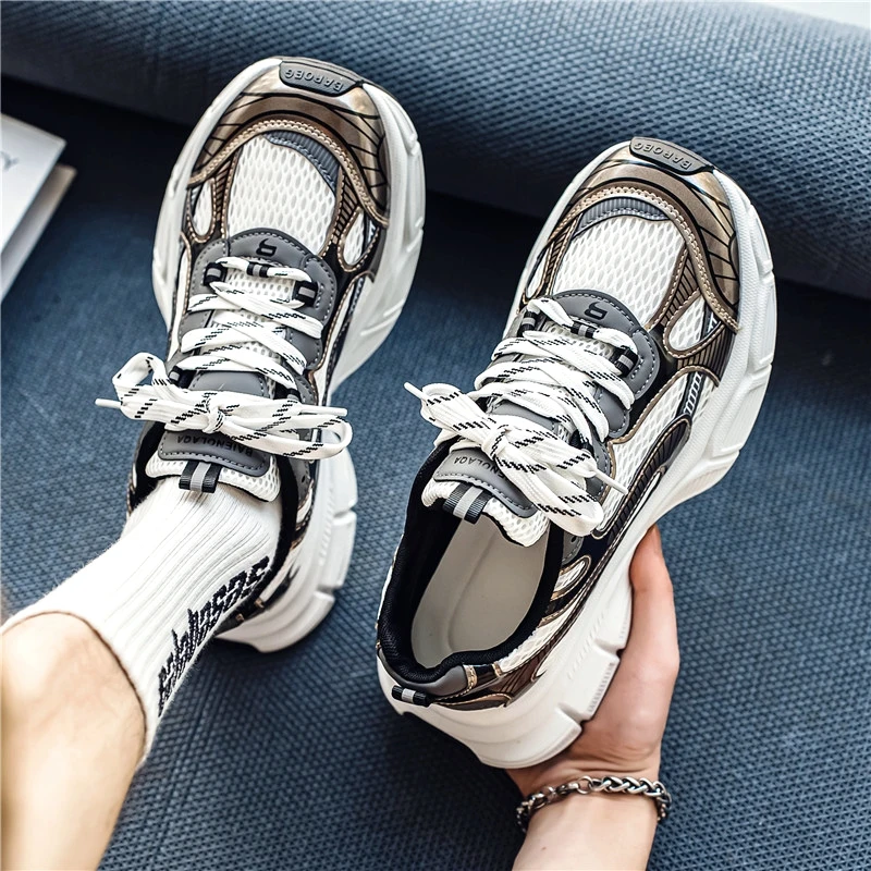 Men's Breathable Running Sports Casual Shoes 2026 Autumn Mesh Thickened Insole Heightening White Dad Trendy Shoes