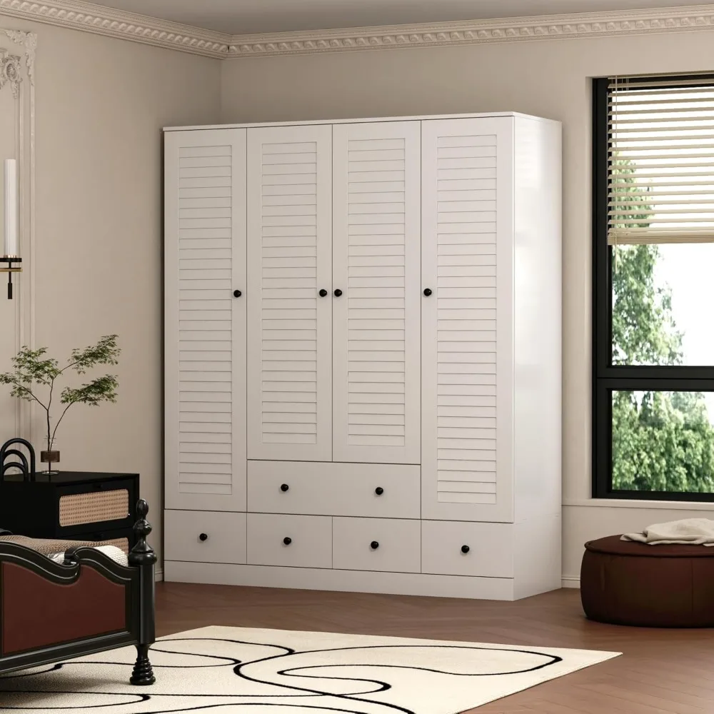 4 Shutter Door Wardrobe Armoire Closet with Shelves and 5 Drawers,Armoire Wardrobe Closet with 2 Hanging Rods,for Bedroom White