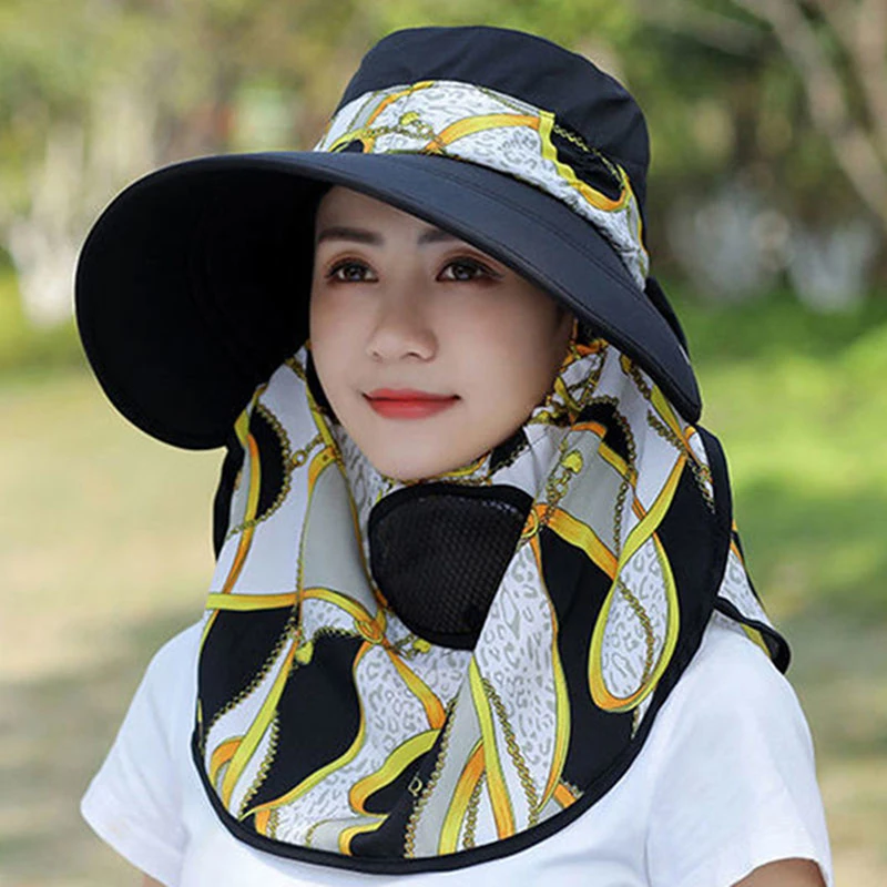 Summer Women Outdoor Print Fisherman Hat UV Protection Wide Brim Garden Work Shade Hat Breathable Face Mask Detachable Sunhat