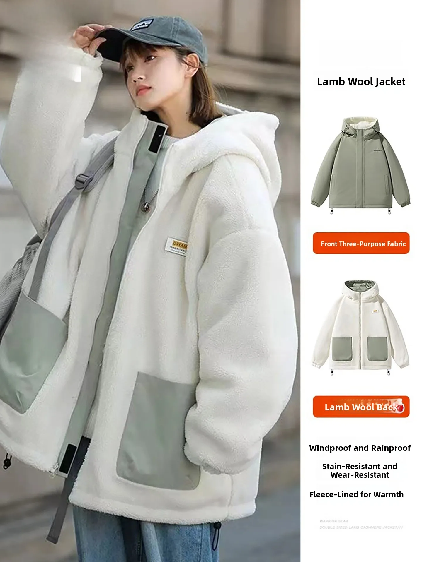 

Double-Sided Wear Lamb Velvet Hooded Cotton Jaet Men's Loose Thiened Faion Brand Autumn Winter Casual Sle Zipper Closure