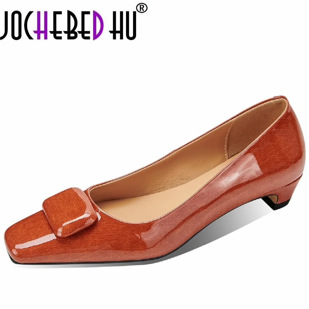 

【JOCHEBED HU】Classic Genuine Leather Square Button Commuting Thick Heel Shoes Gentle Style Square Head Elegant temperament High