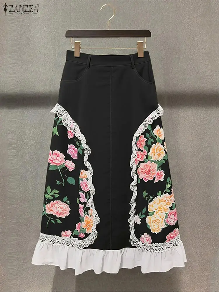 ZANZEA 빈티지 플로럴 프린트 롱 스커트 2025 패션 여성용 신축성 있는 허리띠 캐주얼 레이스 패치워크 러플 바텀스