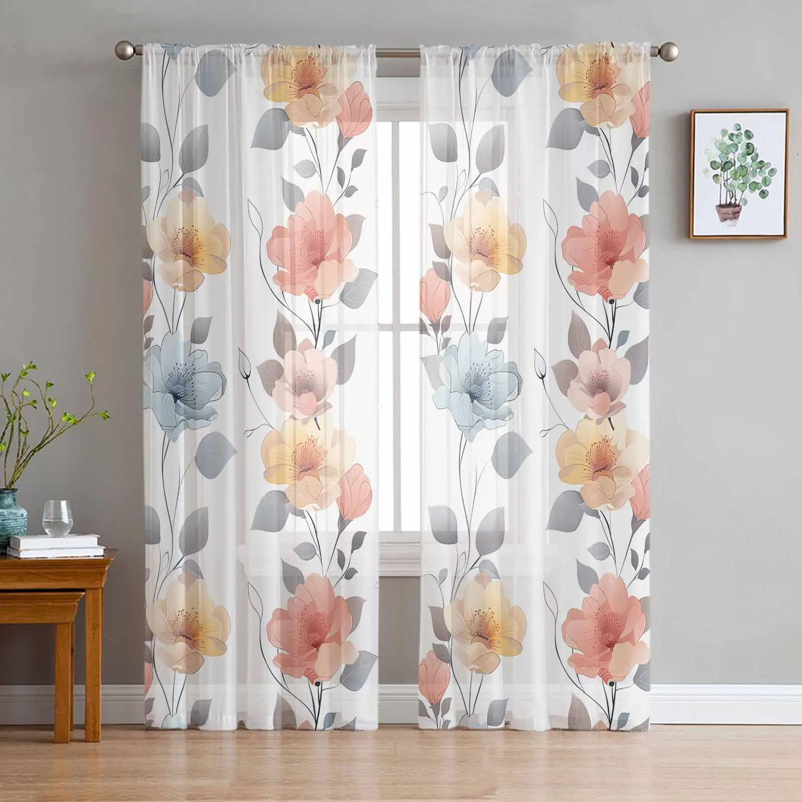 Hand Painted Flowers Leaves Sheer Curtains for Kids Bedroom Living Room Voile Window Curtains Tulle Drapes