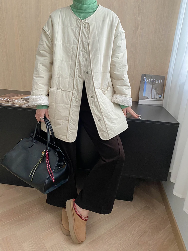 FANAN 厚手暖かい綿コート女性のためのラウンドネックシングルブレストカジュアルルーズミニマリズム多用途ジャケット 2025 冬新