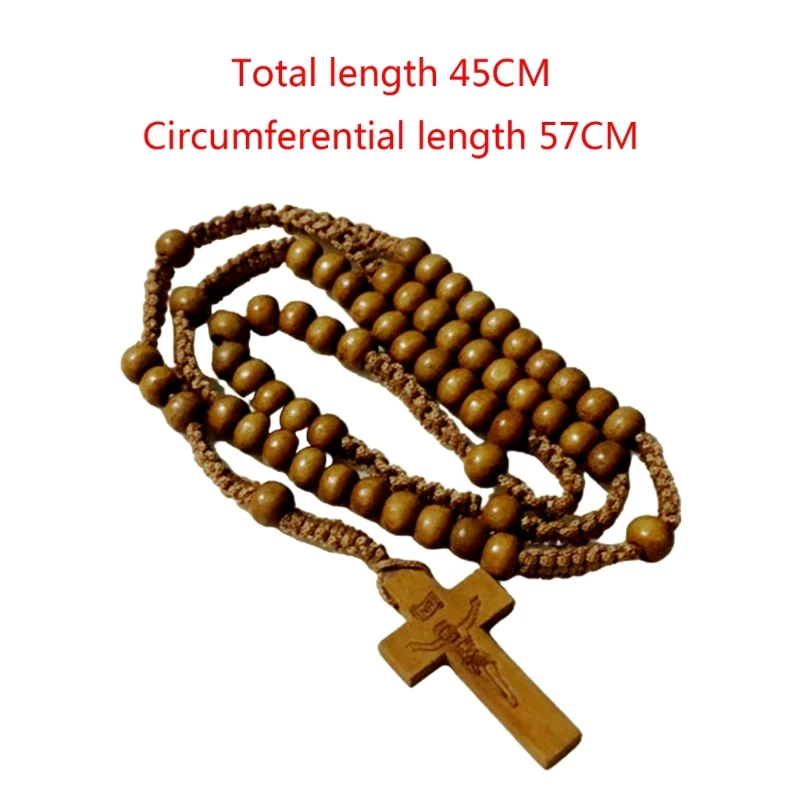 Wood Beads Cross Rosary Necklace Holy Catholic Jewelry Charm Crafts for Christian Church Home Bedroom Decoration