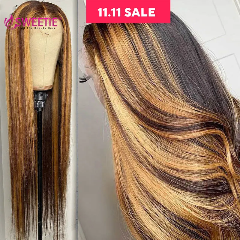 34Inch Bone Straight Highlight Lace Front Human Hair 4/27 Ombre 13x6 Lace Frontal Wigs 13x4 Honey Blonde Colored Wigs For Women