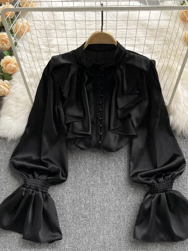 AltGoth Fairycore Elegant Satin Loose Shirt Long Flared Sleeves Ruffles O-Neck Beading Women Gentle Office Lady Casual Blouse