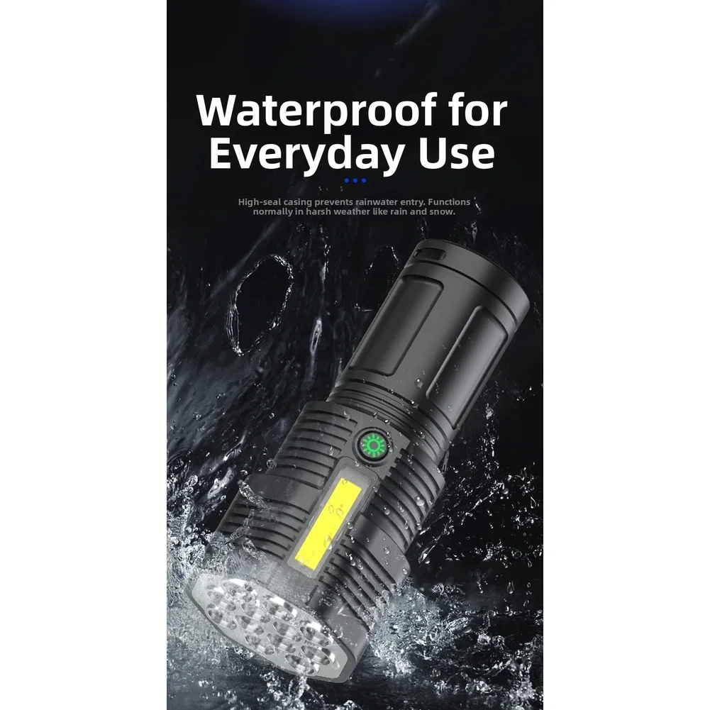 USB-Powered 12 LED Flashlight with High Medium Low Side Beam Modes and Battery Indicator for and Recreational Use