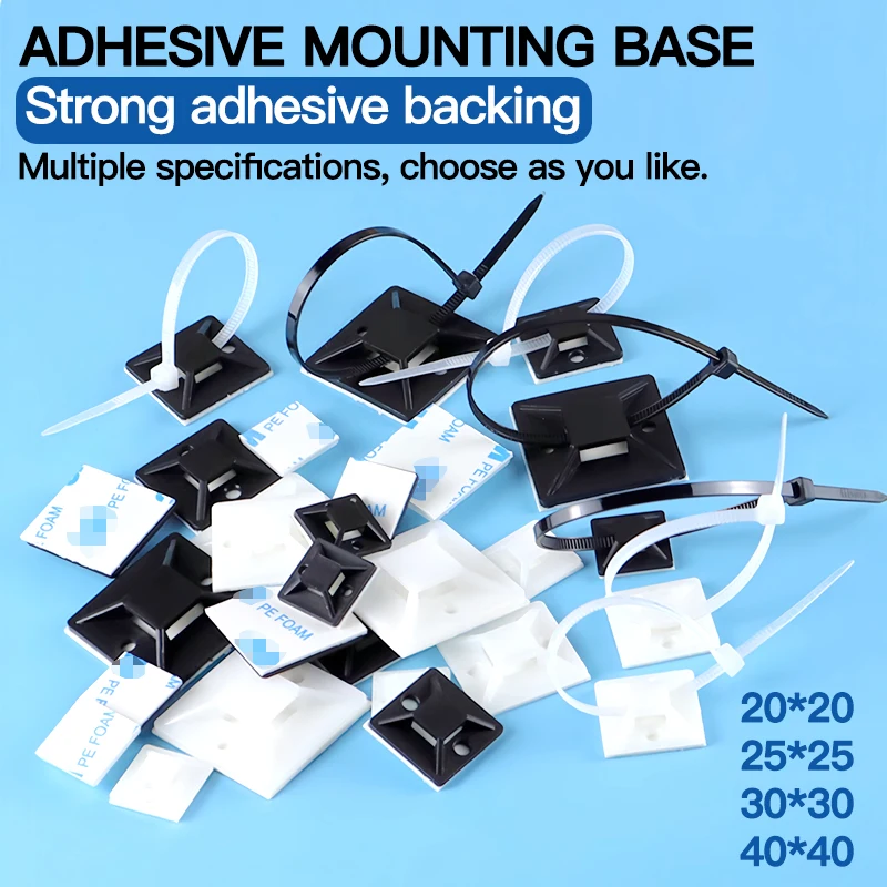 250/500/1000PCS Cable Wire Clip Clamp, Durable Zip Tie Mount Base with Adhesive Backing for Home Wall
