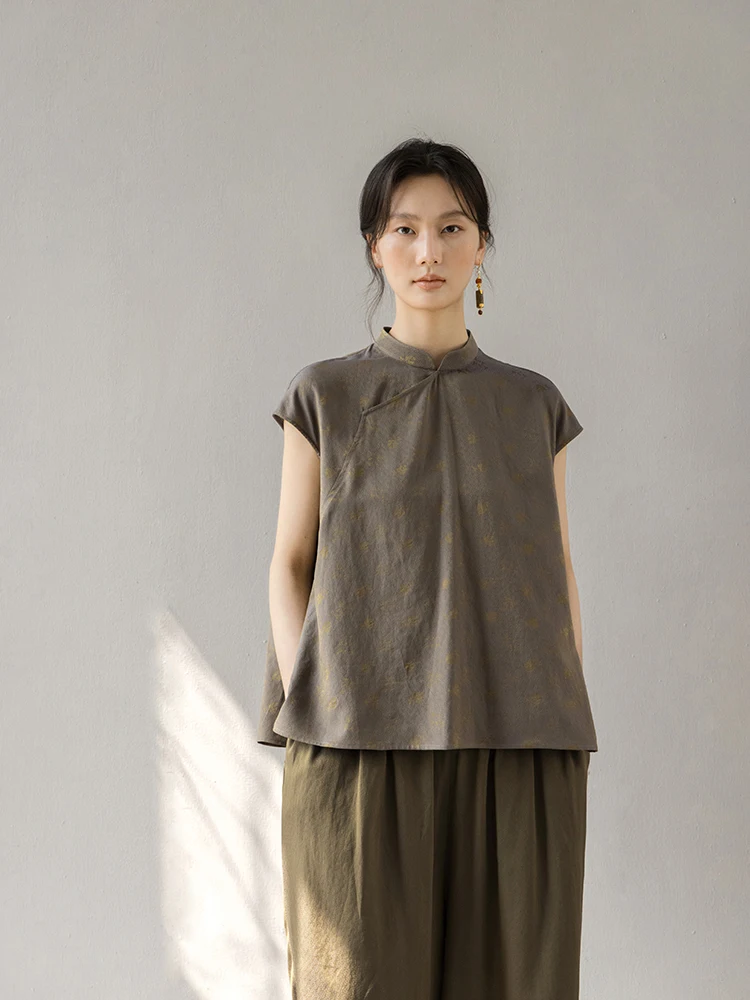 

New Le Collection Silk Cotton Light Purple Gold Summer ort Sve Top Chinese Sle Old Money Faion Women's irt