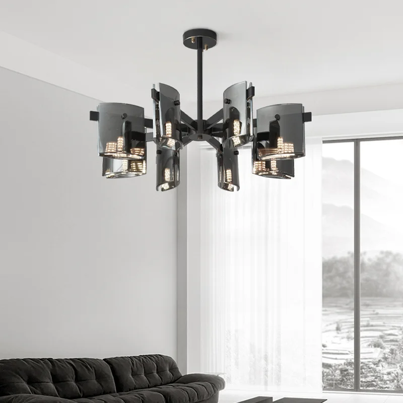 Italian minimalist living room hanging, modern simple light luxury, black glass dining room creative chandelier