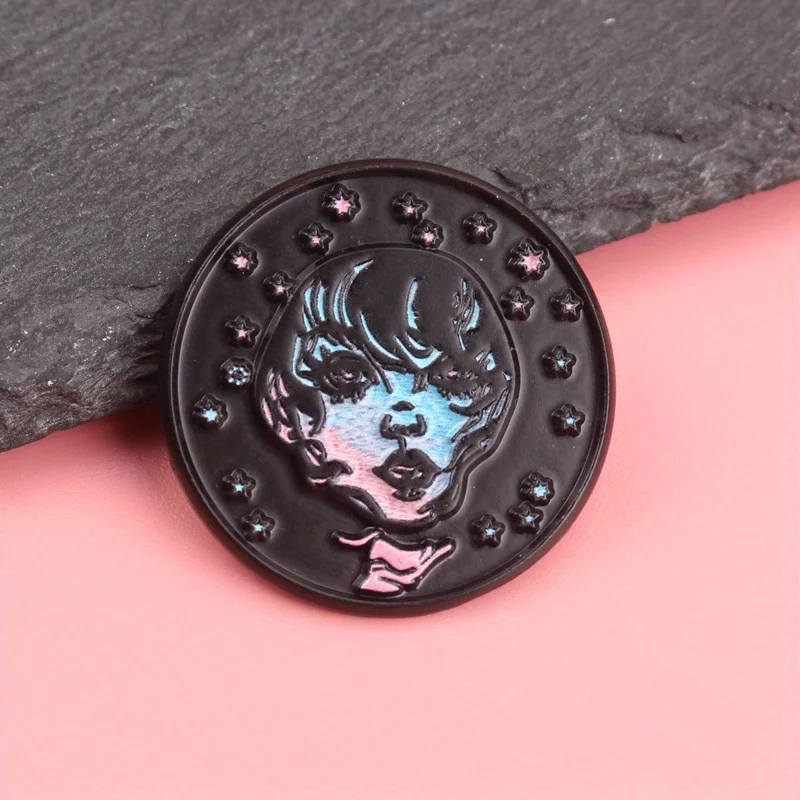 Galactic Muse Enamel Pin - Blue/Pink Gradient Portrait with Stardust Hair & Celestial Accents for Artwear & Nightlife