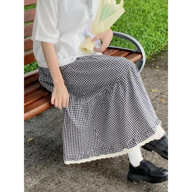 Deeptown Japanese Style Plaid Long Skirt Women Kawaii Sweet Ruffle Midi Skirt Fashion Preppy Style A-line Cutecore Casual Skirts