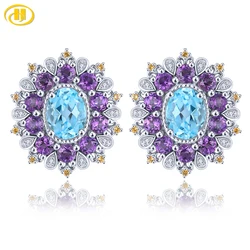 Natural Blue Topaz Amethyst Sterling Silver Stud Earring 5.5 Carats Genuine Gemstone Colorful Fine Jewelry Original Design