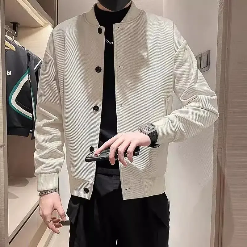 ​Badass Slim Fit Men's Workwear Jacket Spring Autumn Solid Color Minimalist Commuter Coat No Collar