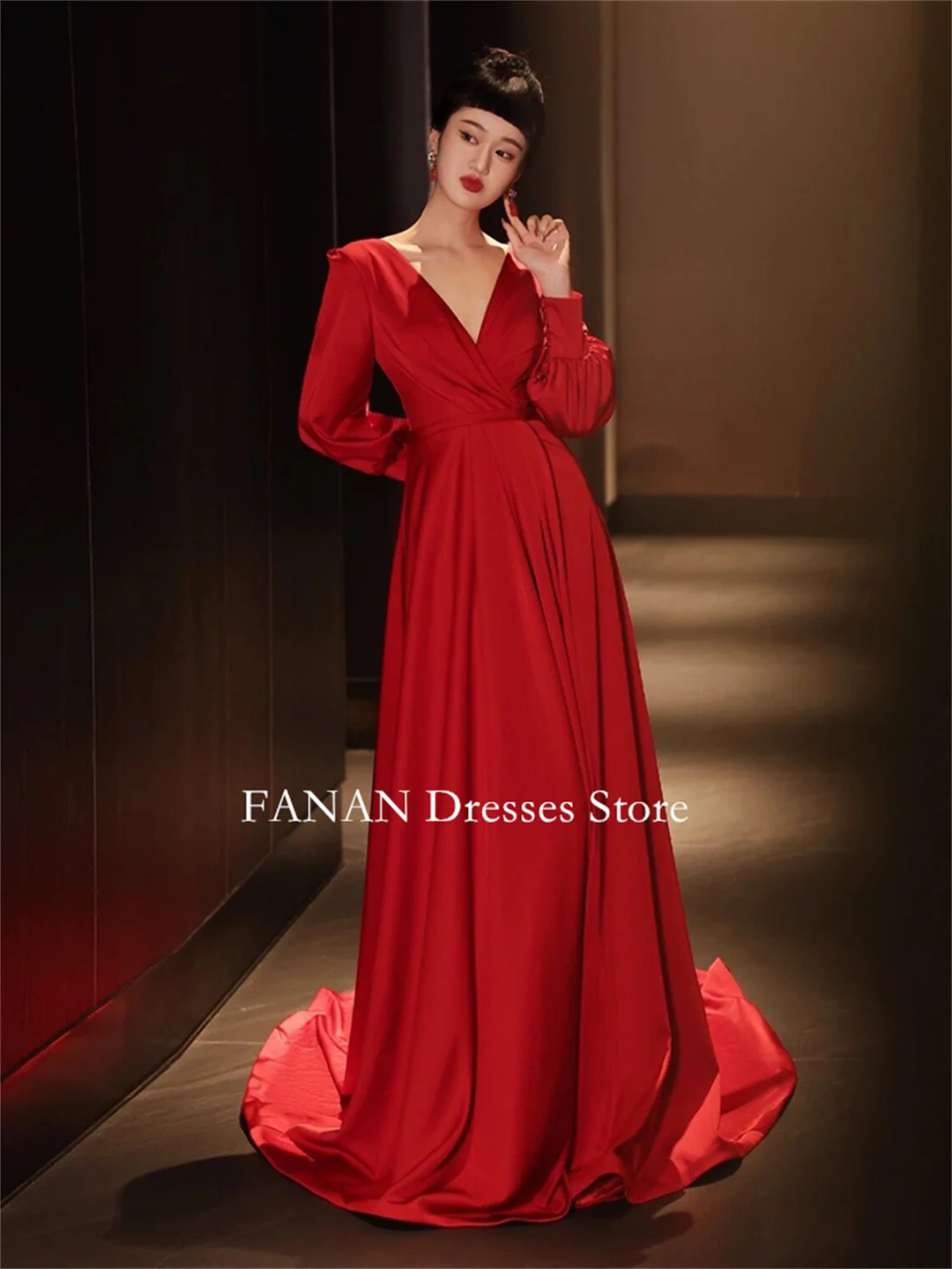 FANAN-Robes de soirée bordeaux personnalisées pour femmes, col en V, ligne A, injSatin, mariage, tout événement, Rh, tout ce qui est personnalisé, Corée