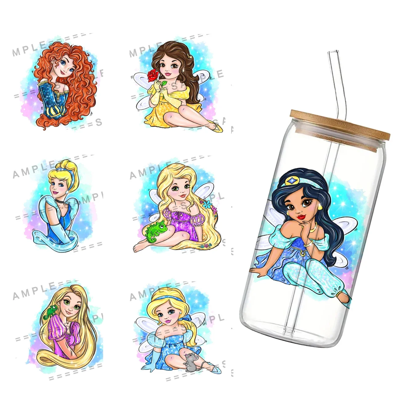 

11x11cm Disney princess For Libbey 16oz Can Glass 3D Waterproof UV DTF Coffee Can Wrap Libbey Glass Wrap
