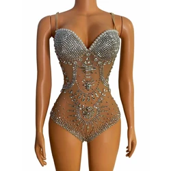 Sexy Rhinestones Mesh Transparent Dance Leotard Female Crystal Bodysuit Perfomance Show Costume Stage Wear Women's Party Outfit