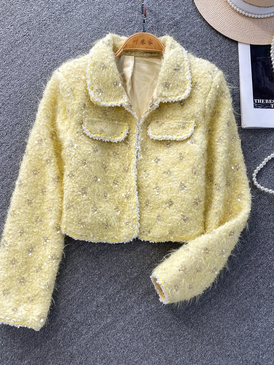 

iny Sequin ort Jaet Heavy Embelliment Flip-Collar Velvet Top for Young Women Slimming Straight Fit Winter Wear