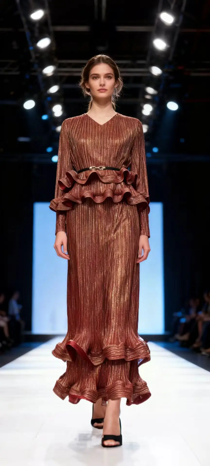 Miyake 2025 Autumn Winter New Bronzing V-neck Fashion Two-piece Set Elegant Temperament Waist and Thin Two-piece Set for Women image 4