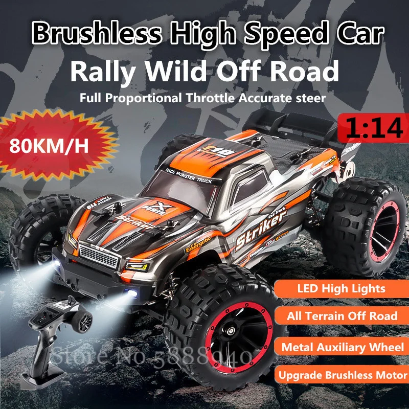 80KM/H Brushless Racing Car 1:14 Remote Control Car 2.4G 150M Metal Shock Absorber All Terrain Off Road LED Light RC Car Truck