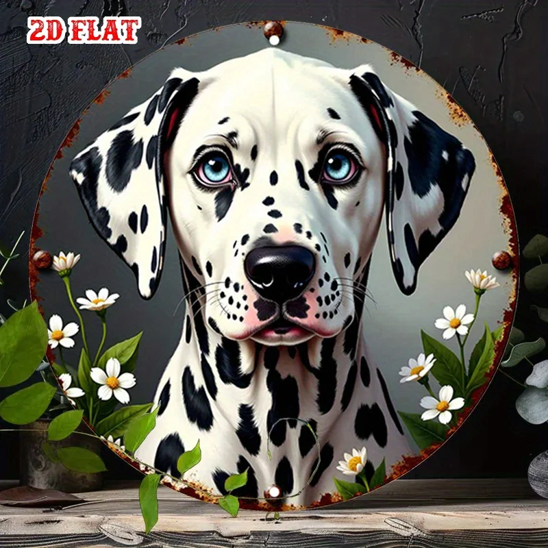 2D Flat, 2D Flat 1pc Rustic Touch Round Aluminum Sign, Whimsical Pet Metal Tin Sign, Dalmatian Portrait 7.87X7.87 Round Alumin