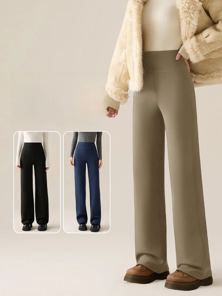 

Thiened Fce High Waist Straight Leg arkskin Pants Slimming Leg Lengthening Fitn Trousers Winter Outdoor Wear