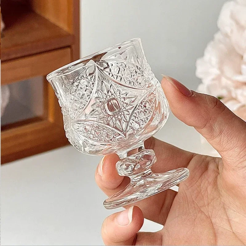 6pcs Vintage Carved Glass Mini Fruit Wine Cup Light Luxury Delicate Goblet Fashion Creative Home High Appearance Level Shot Cup