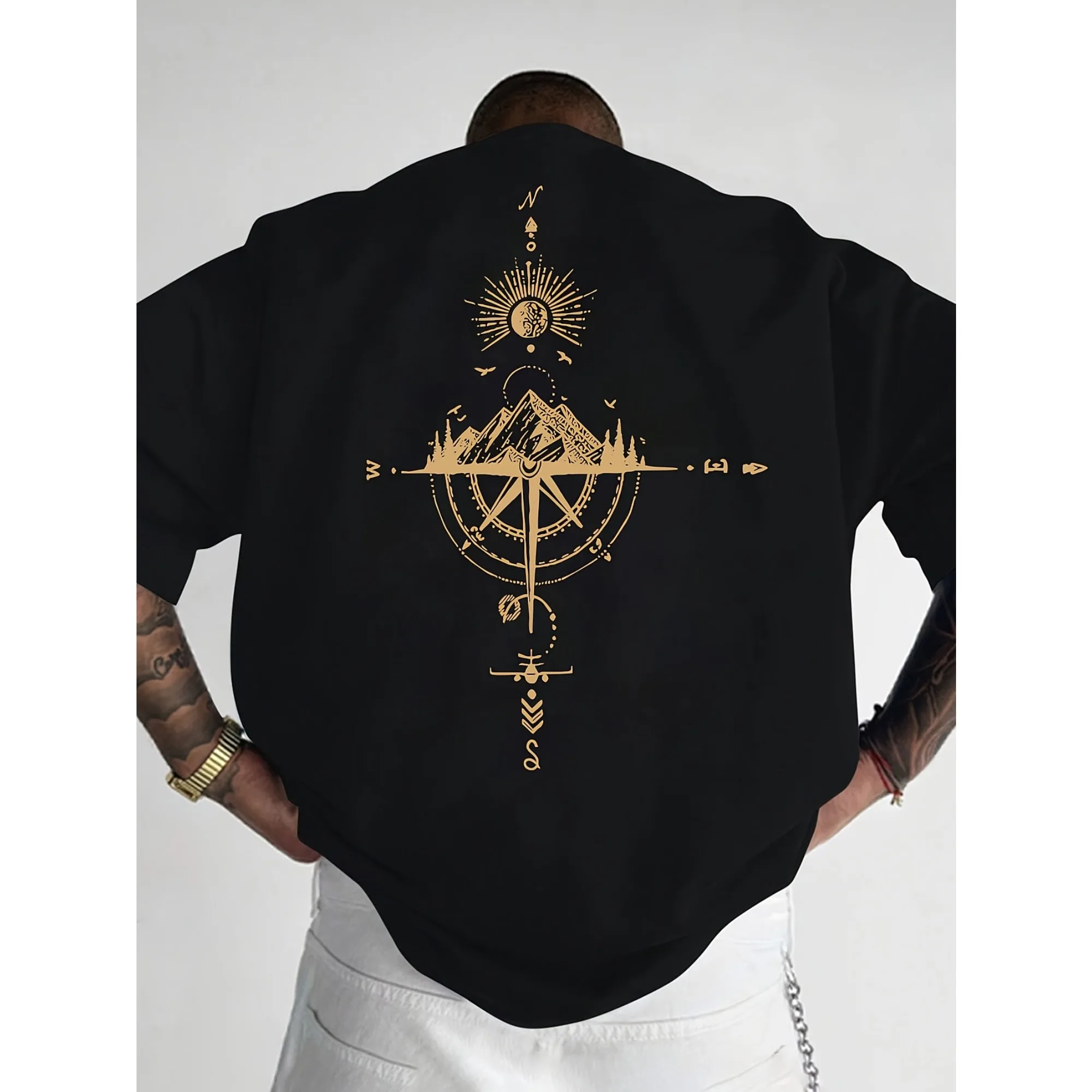 Men Women T-Shirt Compass Mountain Sun Adventure Graphic Tee Wanderlust Nature Streetwear Casual Cotton Short Sleeve Tops