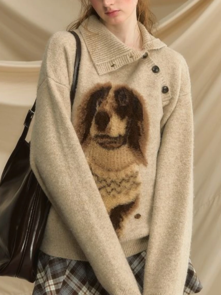 Sweat-shirt à manches longues pour femmes, Vintage français, élégant, Chic, graphique de chien, col incliné, tricot doux, hauts rétro décontractés, automne