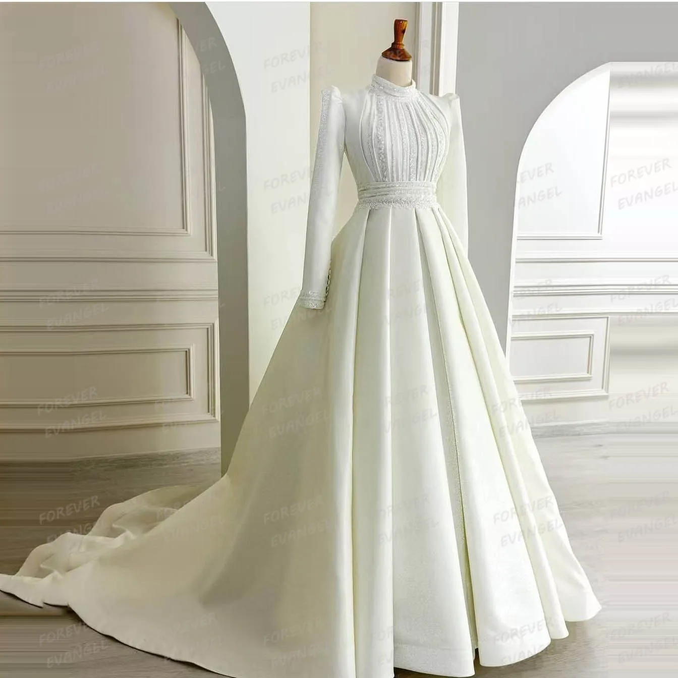 Simple Wedding Dresses Woman's Sexy High Neck Bride Gowns Formal Long Sleeve Sequined Elegant Satin Vestidos De Noche Customized