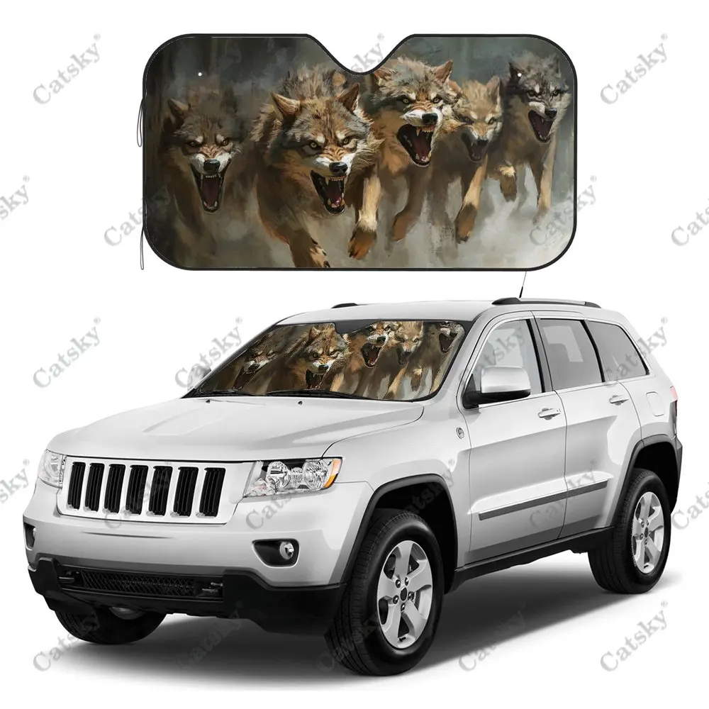 Angry Running Wolf Pack Car Windshield Sunshade, Auto Accessories Front Windshield Sun Shade Blocks Uv Rays Sun Visor Protector