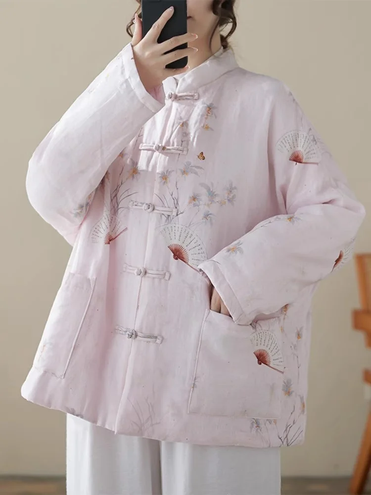 Chinesische Retro-Stil geknöpfte Baumwolljacke für Frauen 2025, Herbst-Winter, bedruckt, Stehkragen, kurzer Steppmantel, Oberbekleidung w230
