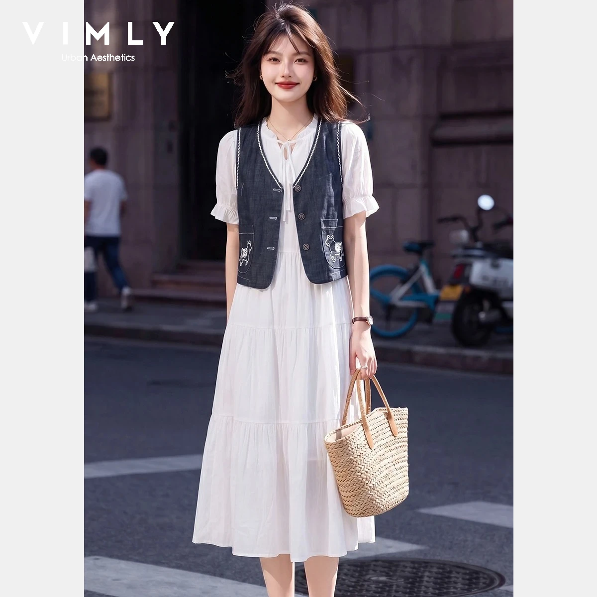 

VIMLY Blue White Casual Two-piece Set 2026 New Embroidered Denim Vest Tie Neck Cake Dress Summer Vacation Women's Suit 31220