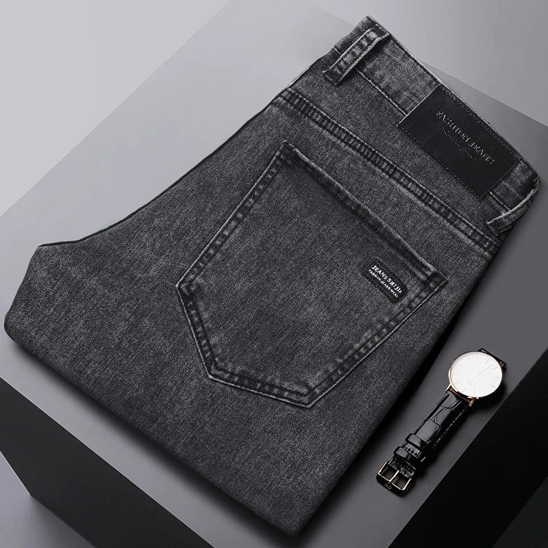 2025 Spring New Men\'s Straight Jeans Elastic Pant Classic Smoke Gray Casual Wear Mid Waist Casual Trousers Black Male Brand