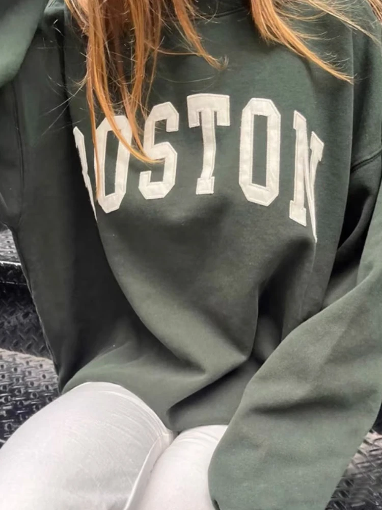 Casual Women BOSTON Printed Sweatshirts 2023 Fall Fashion O Neck Long Sleeves Sweatshirts Female Loose Pullovers