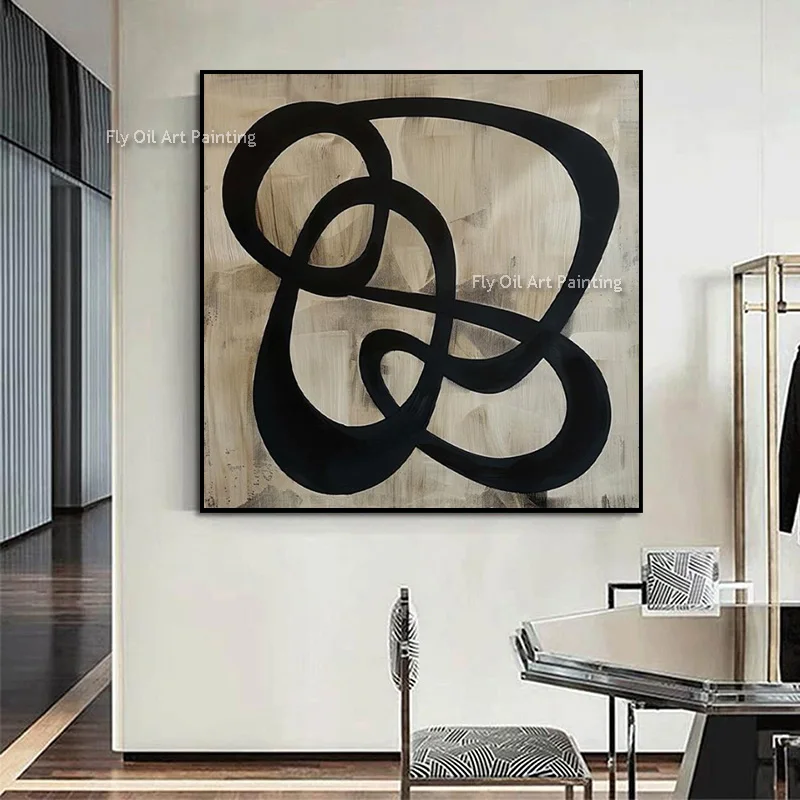 Beige Black Line Abstract Canvas, Hand‑Painted Impasto Oil Painting, Wabi‑Sabi Swirl‑Shape Modern Square Wall Decor